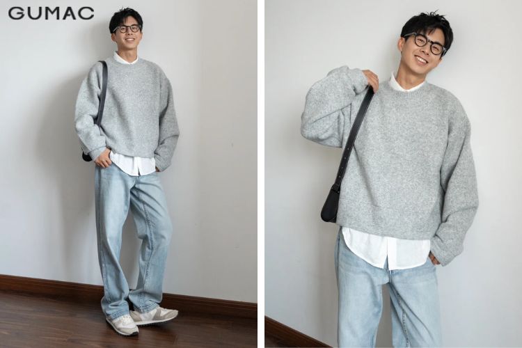 Phối áo sơ mi với áo len nam cổ tròn