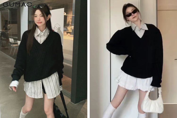 Phối áo sơ mi với áo len nữ cổ tim