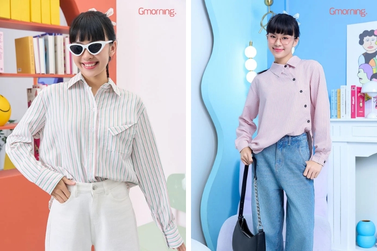 Áo sơ mi thanh lịch Gmorning kiểu sọc thời trang Áo sơ mi thanh lịch Gmorning kiểu sọc thời trang