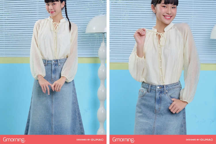 Kiểu áo sơ mi Gmorning cổ thắt nơ Kiểu áo sơ mi Gmorning cổ thắt nơ