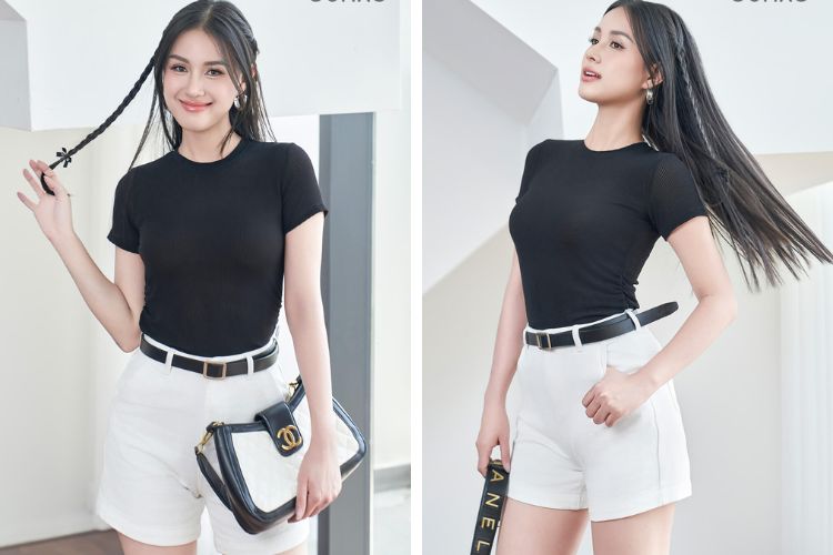 ao thun om sat mix cung voi quan short nang dong