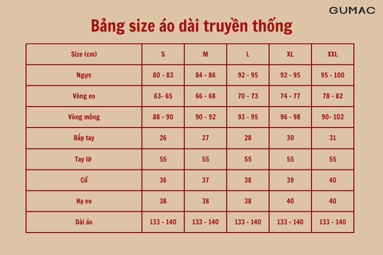 Bang size ao dai nu Bang size ao dai nu