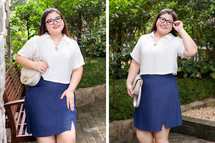 Cách phối đồ nữ béo với váy mini và áo phông chữ V Cách phối đồ nữ béo với váy mini và áo phông chữ V