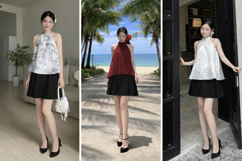 Áo cổ yếm họa tiết hoa nhỏ hoặc màu sắc nổi bật phối chân váy xòe hoặc xếp ly tạo nét duyên dáng.