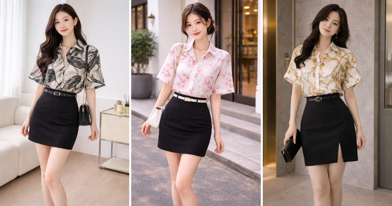Áo sơ mi tay ngắn oversized họa tiết phối chân váy ngắn dáng ôm nổi bật, sành điệu.