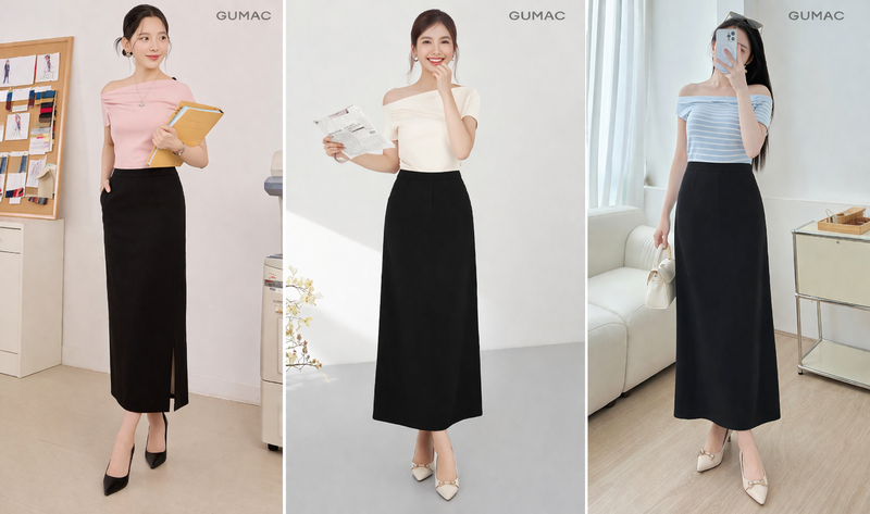 Áo trễ vai/lệch vai màu pastel hoặc trắng, chân váy đen dài suông nữ tính, dịu dàng.
