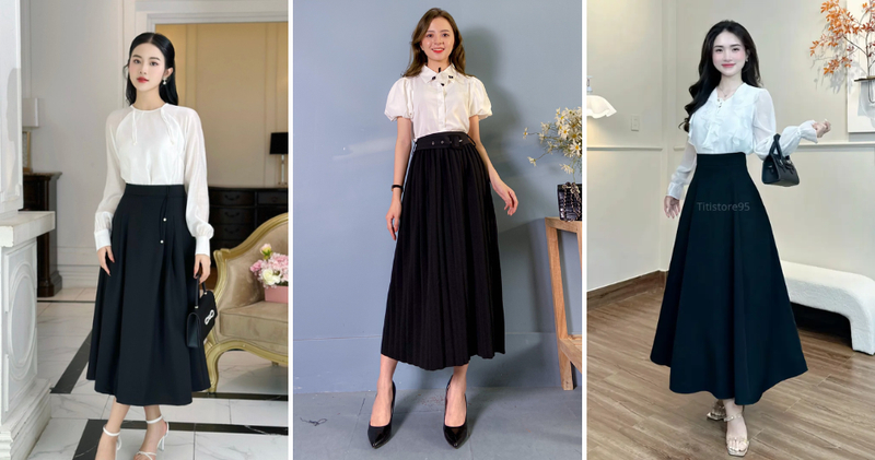 Blouse màu trắng kem kết hợp chân váy đen dài dáng chữ A điệu đà, thành lịch.