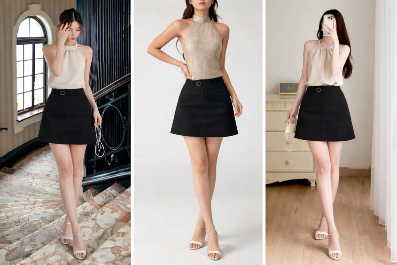Chọn áo cổ yếm trơn màu pastel hoặc trắng, phối cùng chân váy đen chữ A ngắn dịu dàng, thanh thoát.