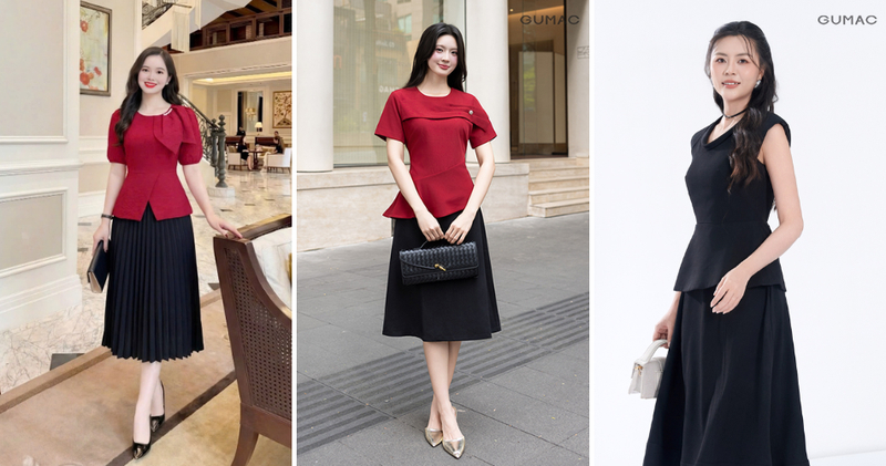 Chọn áo kiểu vải lụa hoặc áo peplum, tay nhún nhẹ phối cùng chân váy tối màu sang trọng, quý phái.