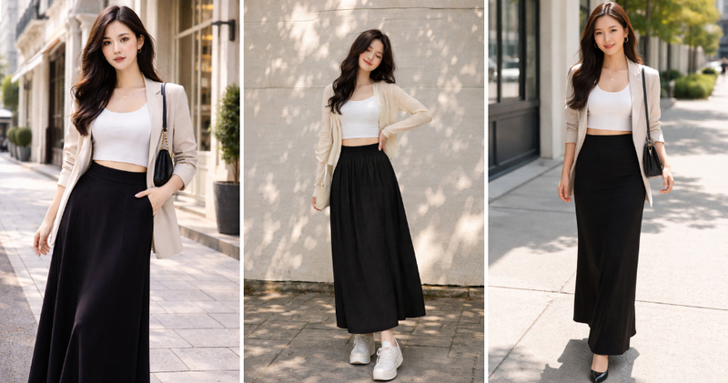 Croptop kết hợp chân váy đen dài cao eo vừa năng động vừa tinh tế.
