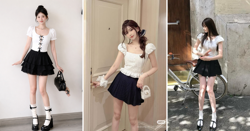 Croptop slim-fit phối chân váy xếp ly đen năng động.