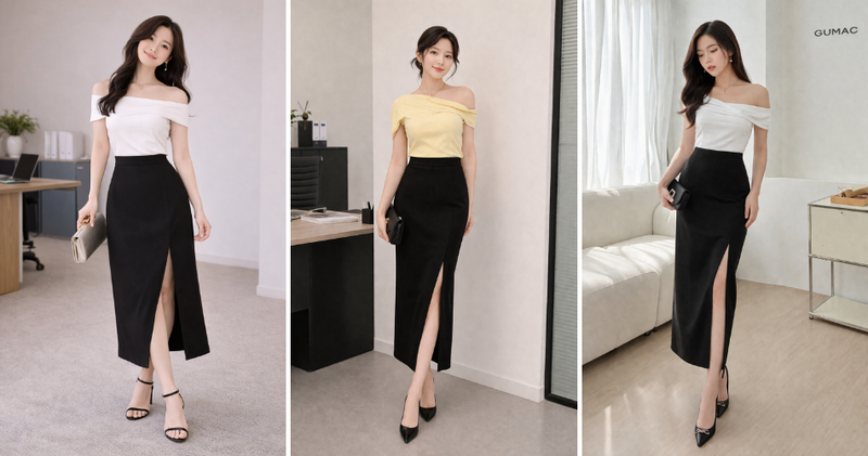 Set đồ áo trễ vai/lệch vai phối chân váy xẻ tà vừa nổi bật vừa hợp xu hướng.