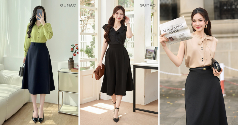 Sơ mi dáng slim-fit hoặc sơ mi kiểu phối cùng chân váy xòe trẻ trung, hiện đại.