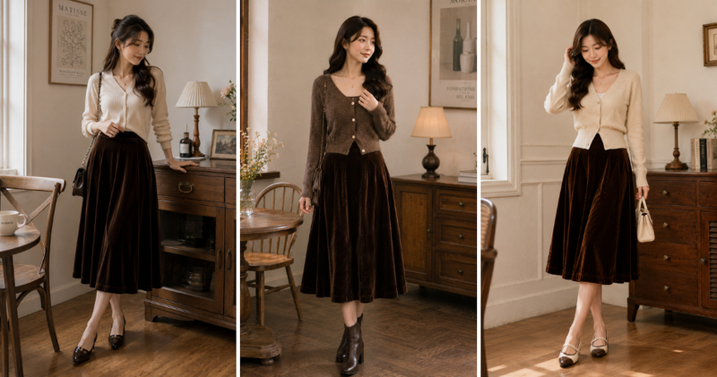 Áo cardigan kết hợp cùng sự sang trọng của chân váy nhung sẽ tạo nên một set đồ nữ tính, dịu dàng.