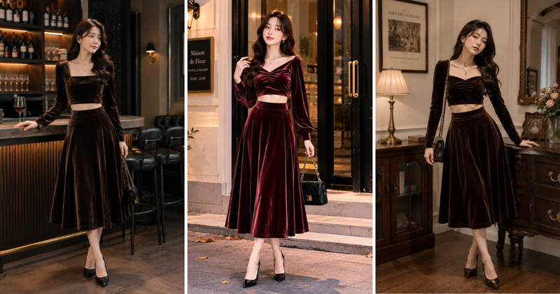 Kết hợp chân váy nhung với áo nhung croptop cùng tone màu giúp bạn khoe khéo vòng eo thon gọn, tạo vẻ ngoài sành điệu, thời thượng.