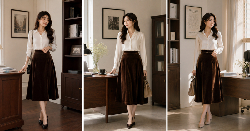 Mix chân váy nhung chữ A với áo sơ mi trắng mang lại vẻ ngoài thanh lịch, chuyên nghiệp.