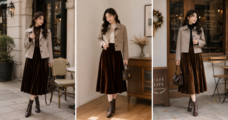 Mix chân váy nhung với áo khoác dạ dáng ngắn hoặc lửng tạo nên tỷ lệ cơ thể cân đối, tôn dáng và mang đậm phong cách quý cô sành điệu.