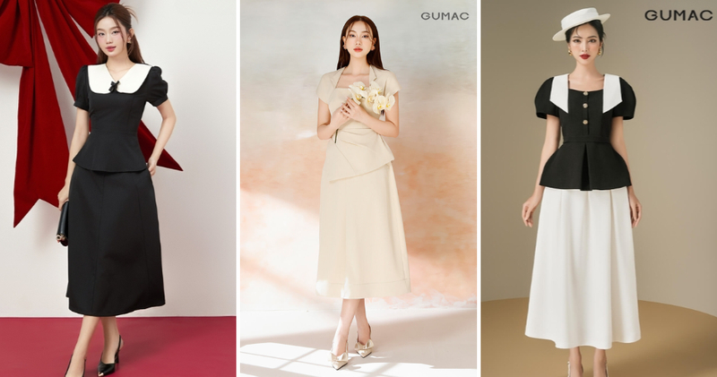 Chân váy xòe dài phối cùng áo peplum siết eo tôn dáng.