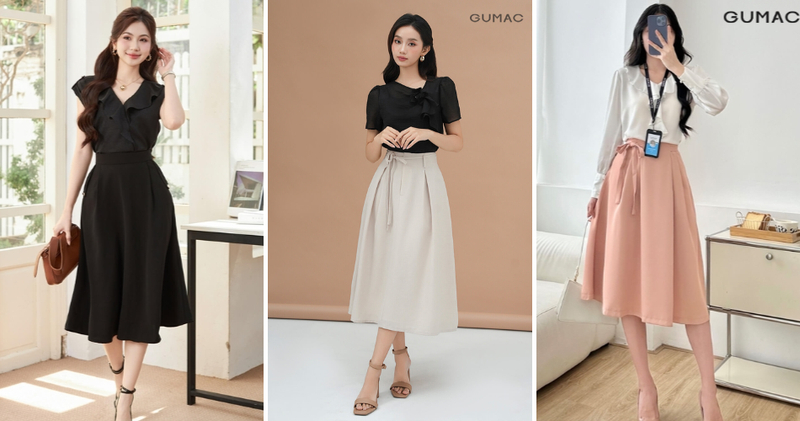 Chân váy xòe dài phối cùng áo lụa thướt tha.