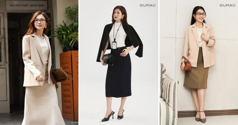 Chân váy xòe dài phối cùng áo blazer quyền lực.