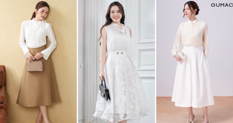 Chân váy xòe dài phối cùng áo cổ chữ V hoặc cổ thắt nơ.