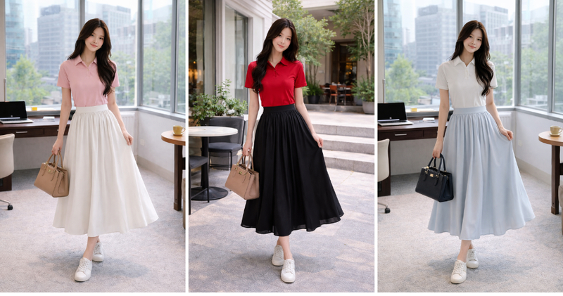 Chân váy xòe dài phối cùng áo polo gọn gàng.