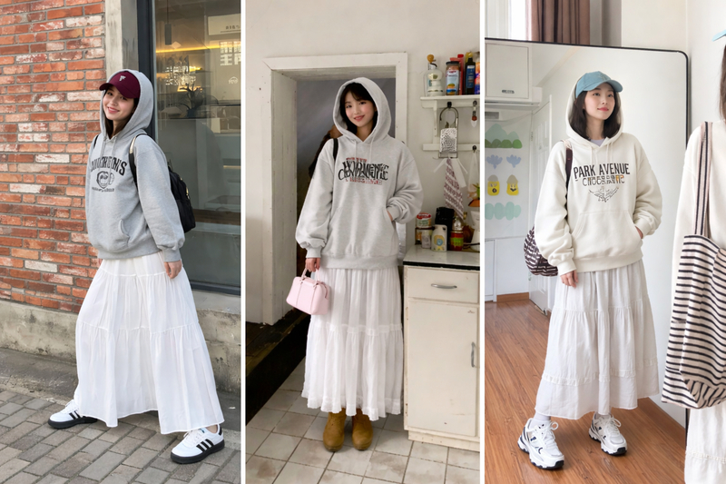 Chân váy xòe dài phối cùng áo hoodie hoặc áo len dáng rộng.