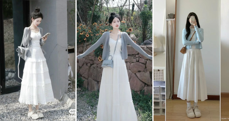 Chân váy xòe dài phối cùng áo cardigan nhẹ nhàng.