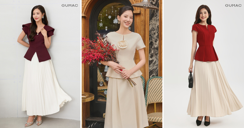 Set đồ chân váy xòe dài phối cùng áo peplum mang lại khí chất sang trọng, quyền lực.