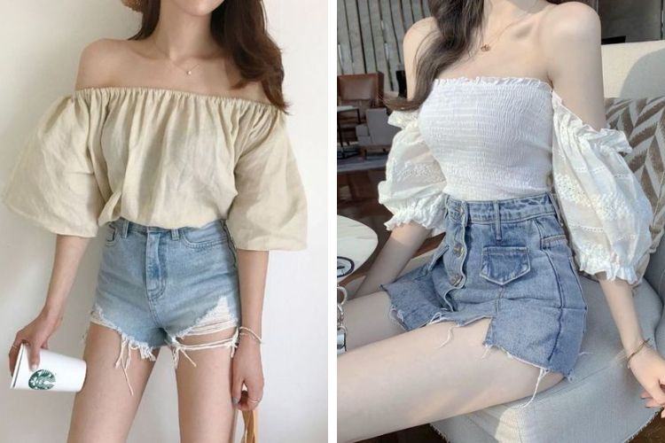 Áo thun trễ vai mix quần short Áo thun trễ vai mix quần short