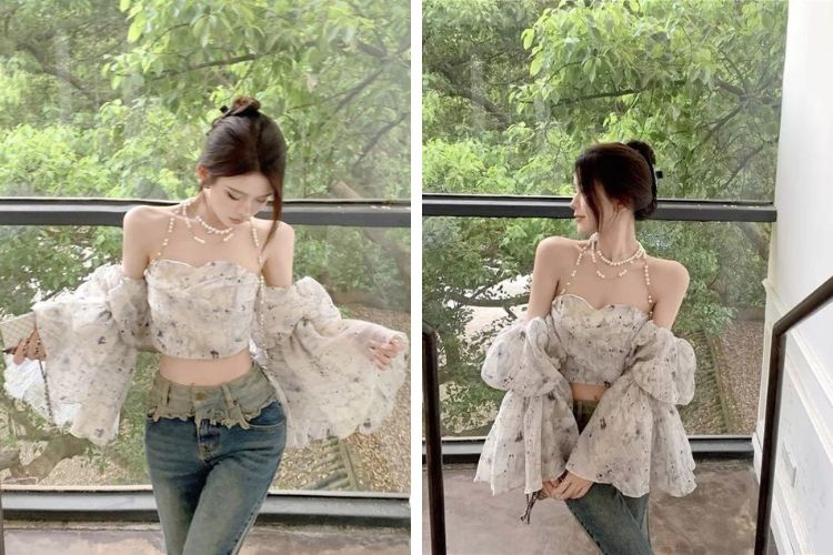 Áo trễ vai kết hợp cùng quần jean Áo trễ vai kết hợp cùng quần jean
