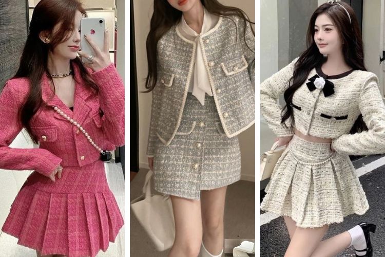 Set dạ tweed đi cà phê mùa lạnh