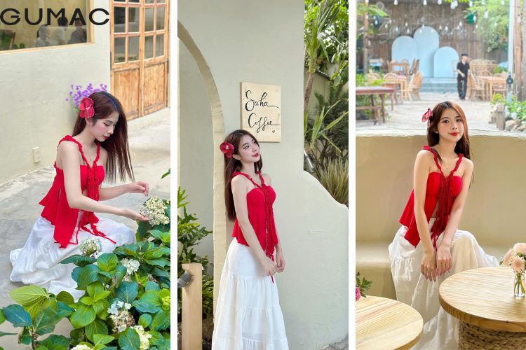 Outfit đỏ trắng đi cafe