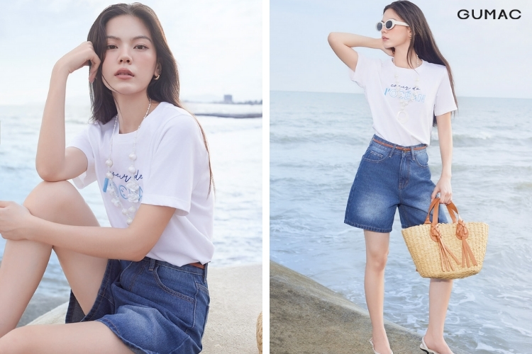 Áo thun nữ GUMAC và quần short denim đi đồi cát mặc áo thun nữ GUMAC và quần short denim đi đồi cát