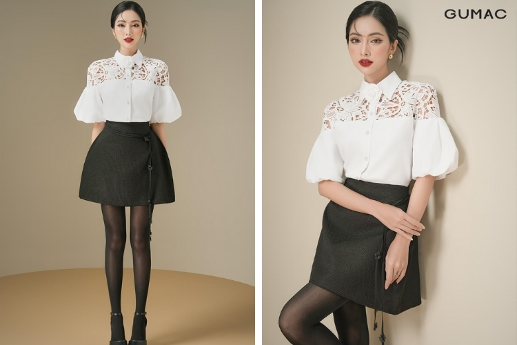 Mặc váy xòe với áo tay bồng GUMAC khi đi đồi cát mặc váy xòe với áo tay bồng GUMAC khi đi đồi cát