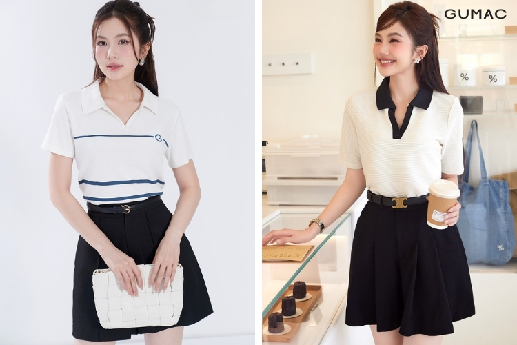Mặc áo polo và chân váy xếp ly GUMAC đi đồi cát mặc áo polo và chân váy xếp ly GUMAC đi đồi cát