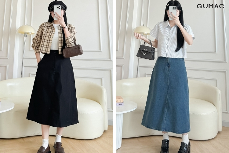 Đi đồi cát mặc áo croptop và chân váy jeans GUMAC đi đồi cát mặc áo croptop và chân váy jeans GUMAC