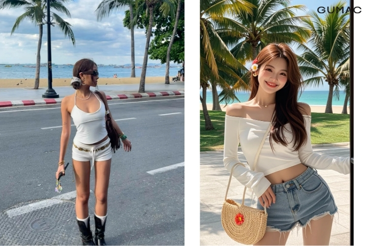 Áo croptop và quần short cạp cao Áo croptop và quần short cạp cao