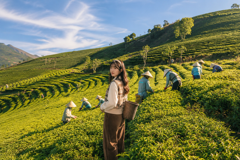 Diện áo len gile phối sơ mi và quần nhung tăm đón sương sớm ở Đồi chè Cầu Đất. (Ảnh được tạo bởi AI)