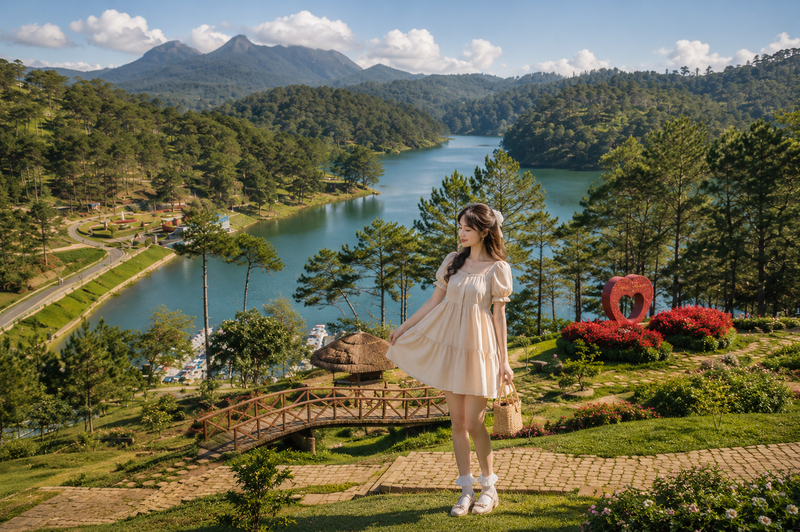 Diện đầm babydoll tay bồng đáng yêu, ngọt ngào ghé thăm Thung Lũng Tình Yêu. (Ảnh được tạo bởi AI)