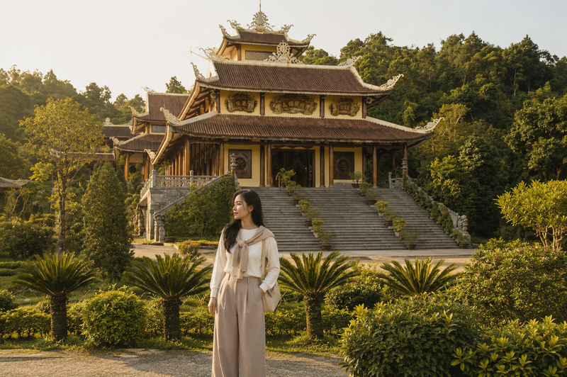 Lên đồ combo áo thun dài tay phối quần tây ống rộng phong cách Hàn Quốc thanh lịch đến Thiền Viện Trúc Lâm. (Ảnh được tạo bởi AI)