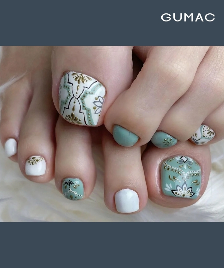 nail chan xanh mix anh kim dep