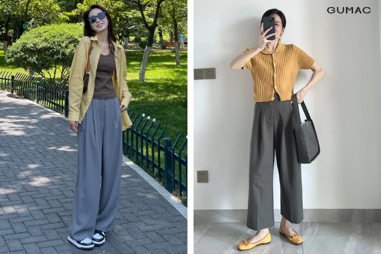 Quần màu xám phối với áo màu vàng Quần màu xám phối với áo màu vàng
