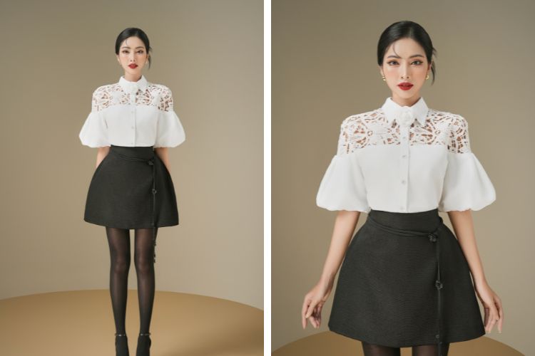 Áo kiểu mix với chân váy chữ A Áo kiểu mix với chân váy chữ A