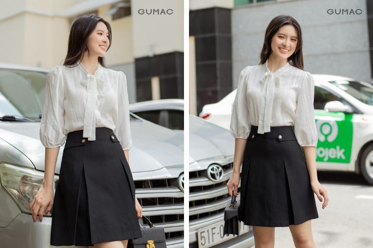 Áo sơ mi phối với chân váy xếp ly Áo sơ mi phối với chân váy xếp ly
