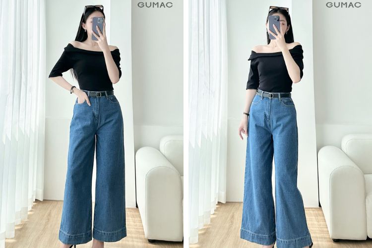 Áo trễ vai phối với quần jeans ống rộng Áo trễ vai phối với quần jeans ống rộng