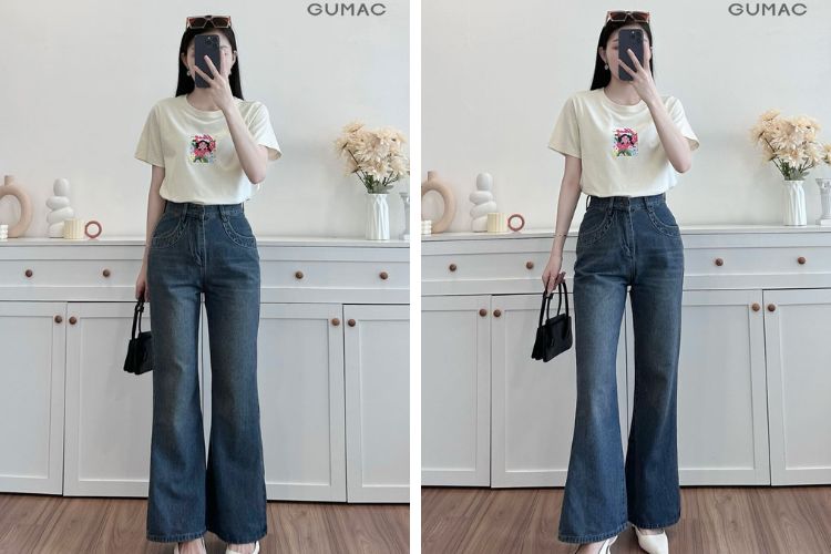 Mix áo thun với quần jeans ống loe Mix áo thun với quần jeans ống loe