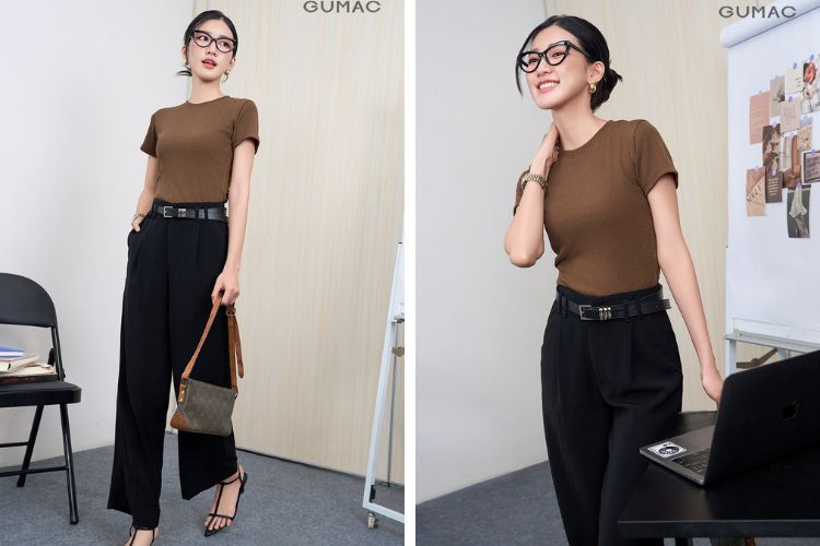 Quần ống suông mix áo thun cổ tròn Quần ống suông mix áo thun cổ tròn