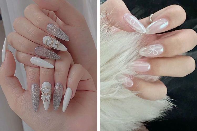 nail mau trang cho co dau nail cô dâu màu trắng