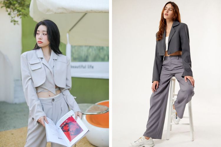 Áo khoác blazer croptop mix quần ống rộng Áo khoác blazer croptop mix quần ống rộng